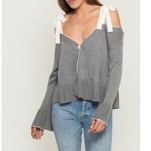Cinq à Sept Gray Silk and Cashmere Off-the-Shoulder Sweater with White Ties